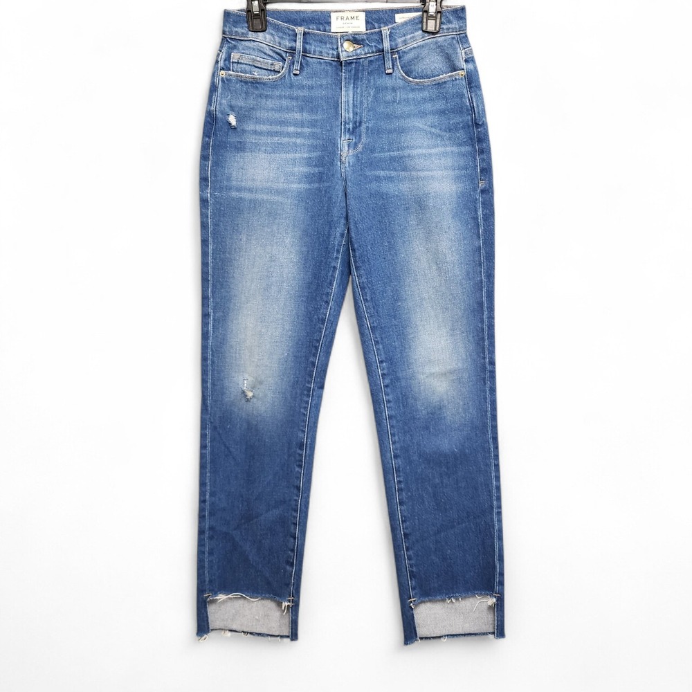 FRAME Denim Le Nouveau Straight Leg Jeans Womens 27 Blue Distressed Cut Hem READ